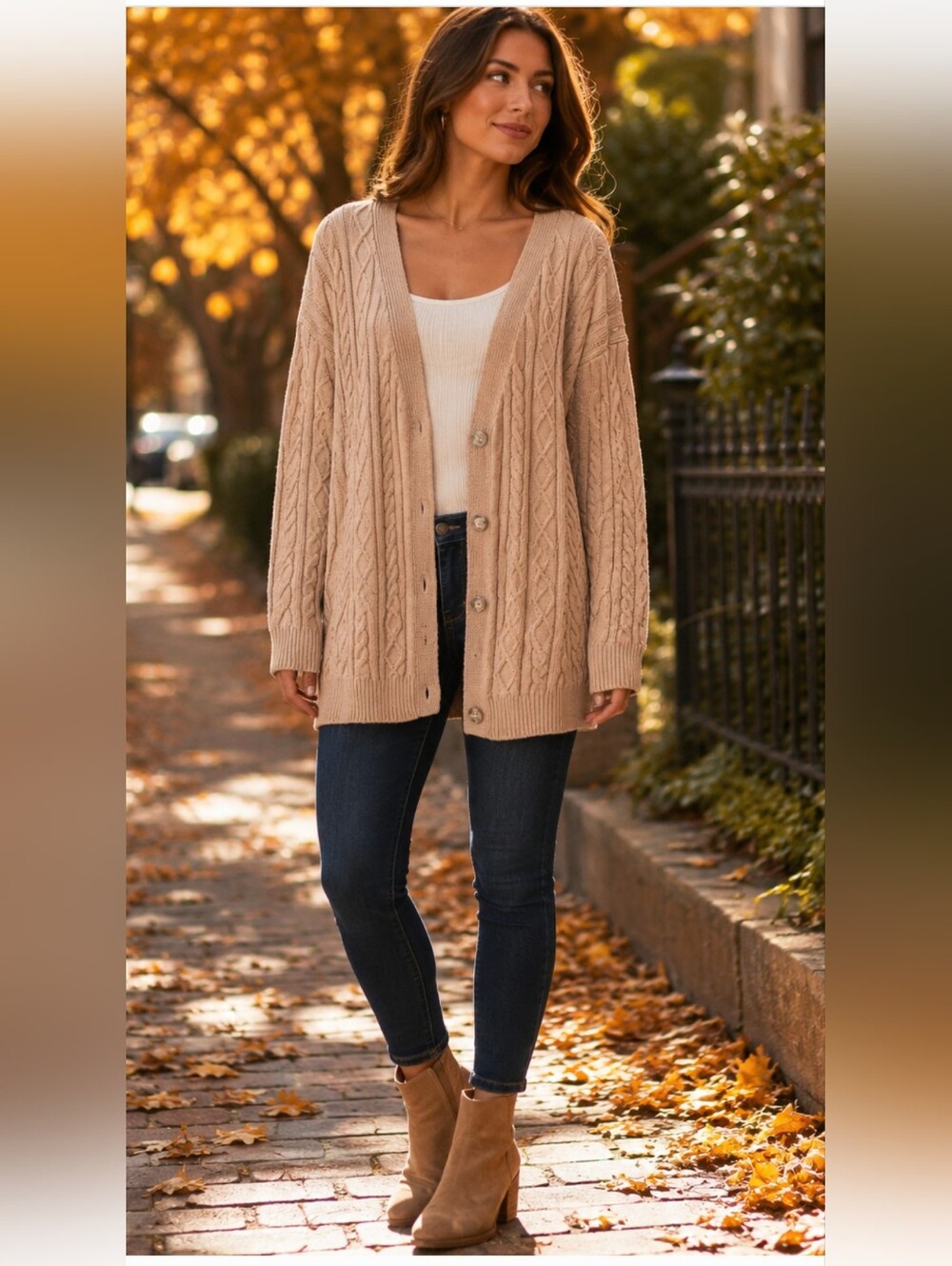 Forever 21 Cable Knit Button Cardigan Beige Oversized Cozy Sweater S